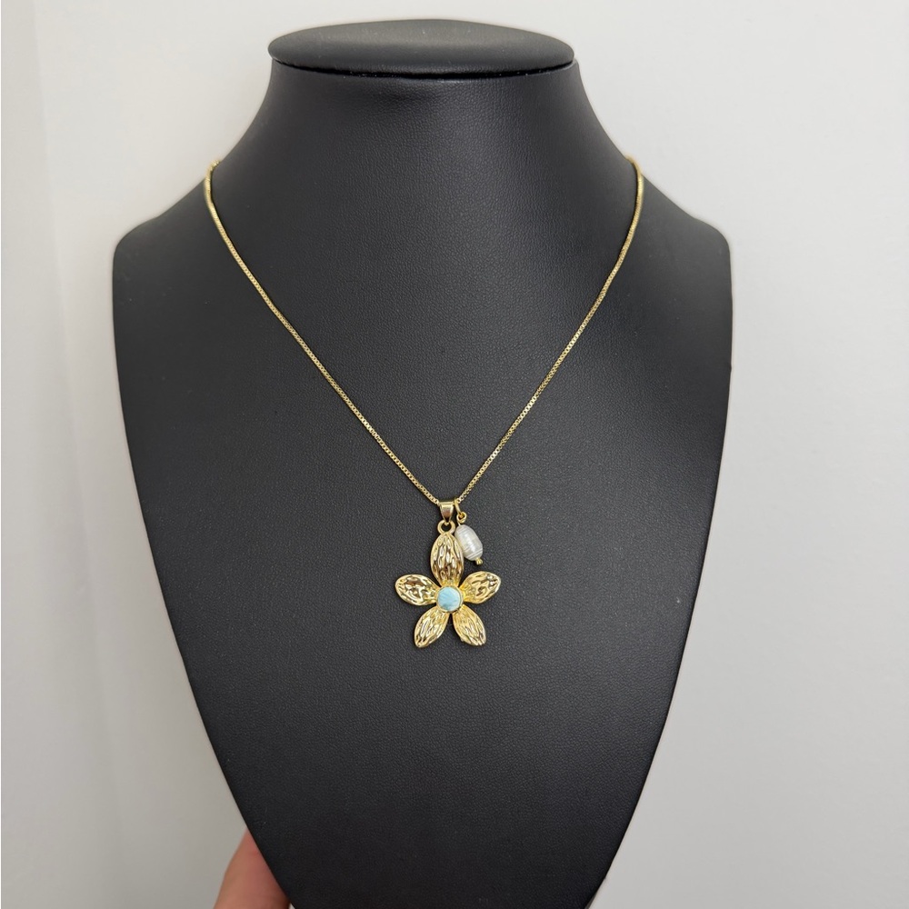 Gold Flower Pendant Necklace with Larimar Center - Women Jewelry